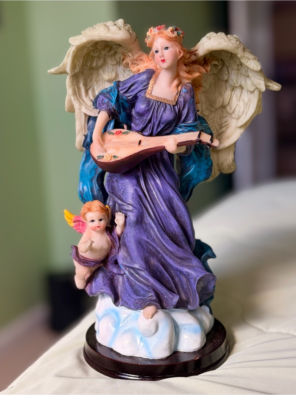 Vintage Decorative Faith Based 3D Purple Angel with Wings Figurine Harp & Baby